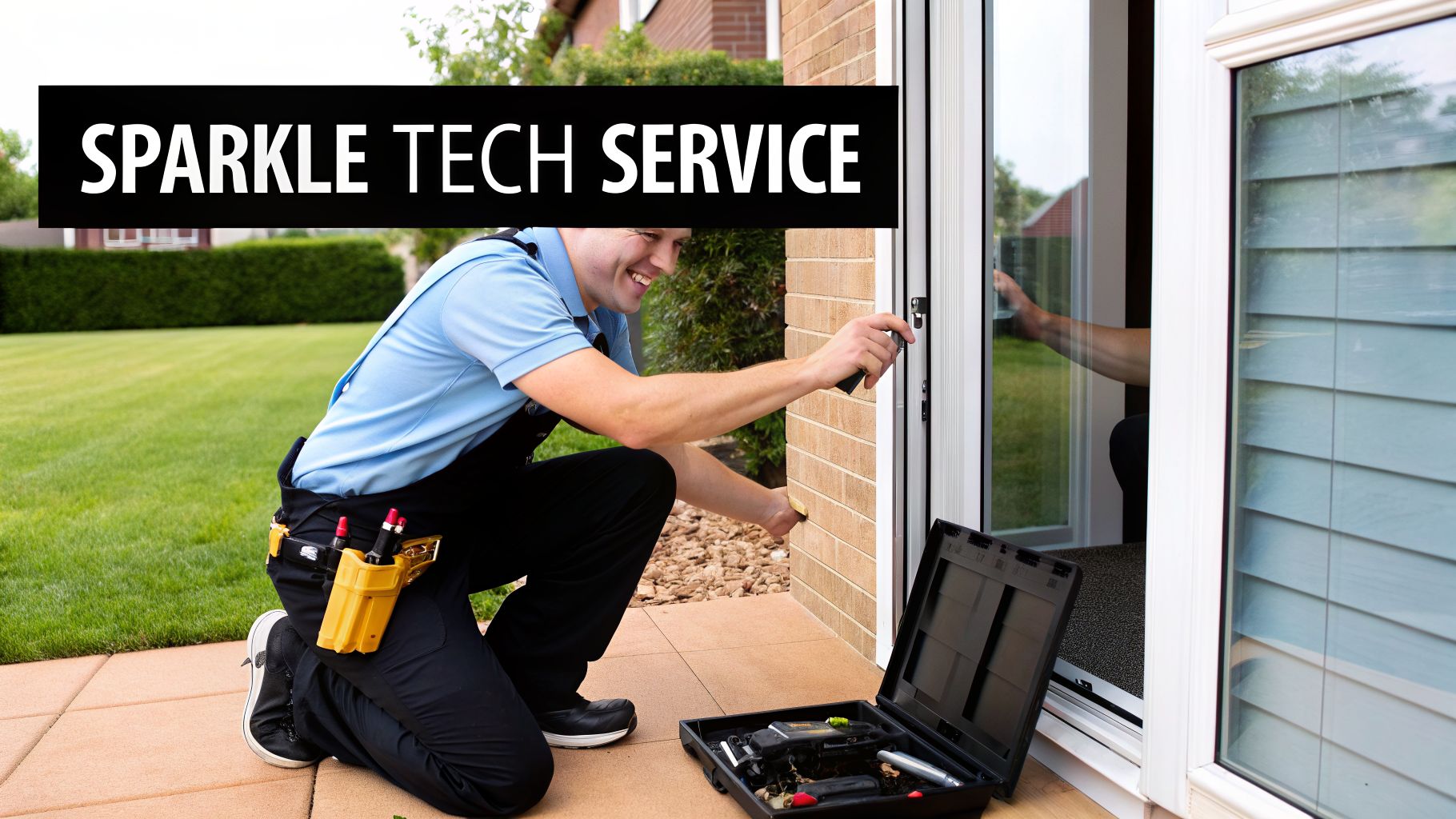 A smiling technician from Sparkle Tech Service repairing a door or window outdoors with tools.